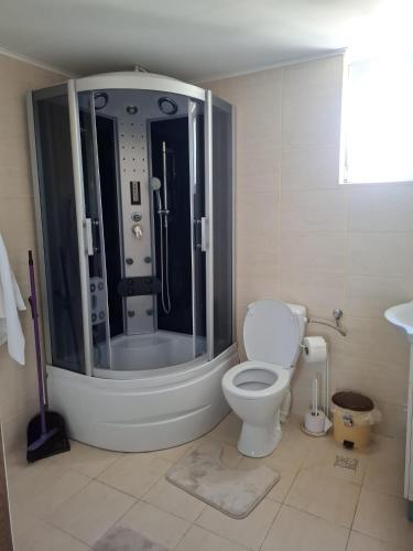 a bathroom with a shower with a toilet and a sink at Pensiunea piticilor in Techirghiol