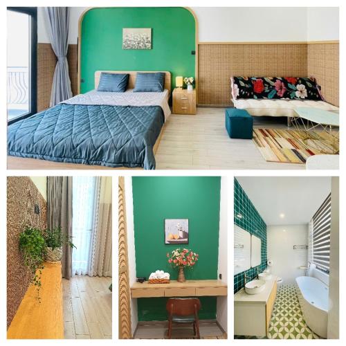 a collage of three pictures of a bedroom at AnDi's Homestay in Gò Công