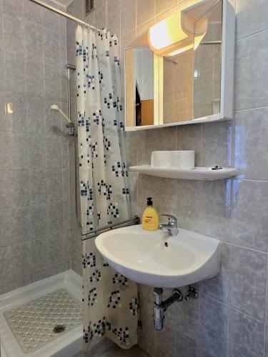 a bathroom with a sink and a shower with a mirror at Apartmani Hotko 1 in Sveti Juraj