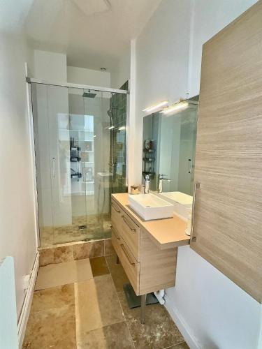 une salle de bain avec un lavabo et une douche dans l'établissement Villa Berckoise - Vue mer - 30M plage - 8 pers, à Berck-sur-Mer