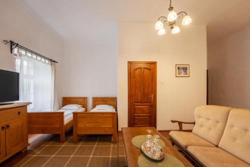 a living room with a couch and a tv at Pensiunea Bastion - La Strada - in Sighişoara