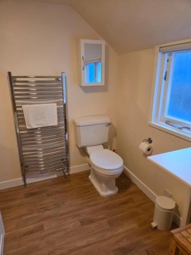 a bathroom with a toilet and a sink and a window at Yeomans Cottage in Pitlochry