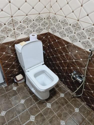 ガバラにあるWhite will Orxのタイル張りの壁にトイレが付いたバスルーム