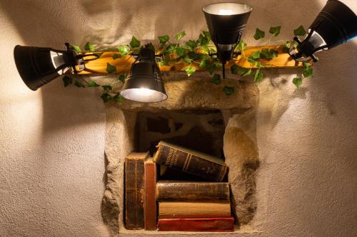 a shelf with books and a light and lights at Pensiunea Bastion - La Strada - in Sighişoara