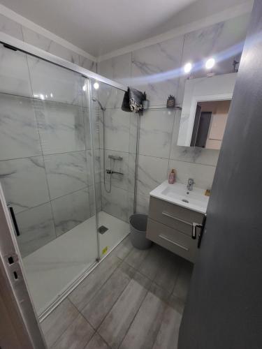 une salle de bain avec douche et lavabo dans l'établissement Air conditioned appartment 270m from beach, à Saint-Raphaël