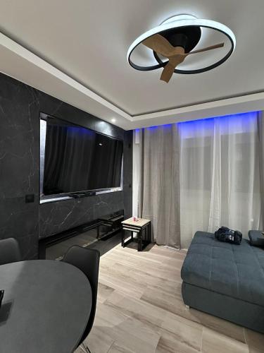 a living room with a bed and a large tv at Très bel appartement PremiumSteinbach-parking in Mulhouse