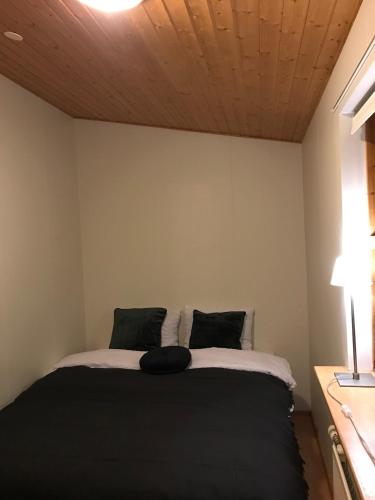 a bedroom with a black bed with two pillows at Secret Cabin Hvítárdalur in Fludir