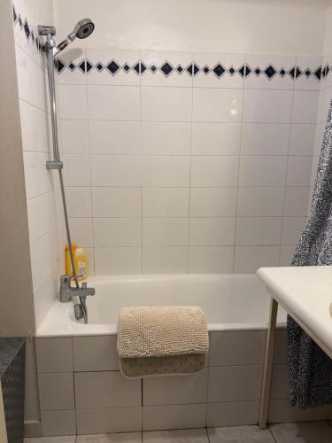 une salle de bain avec une baignoire et un lavabo dans l'établissement Appartement spacieux proche place République et Bastille, à Paris