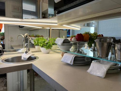 蒙特卡罗Luxury Studio in Monte Carlo的厨房配有水槽和碗碟柜台