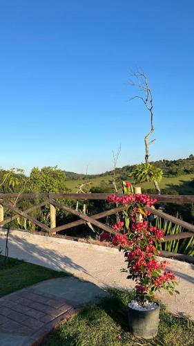 a wooden fence with a potted plant with red flowers at Chalés Paraíso Guararema 4 in Guararema