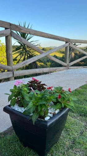 a black planter with flowers in it next to a fence at Chalés Paraíso Guararema 4 in Guararema