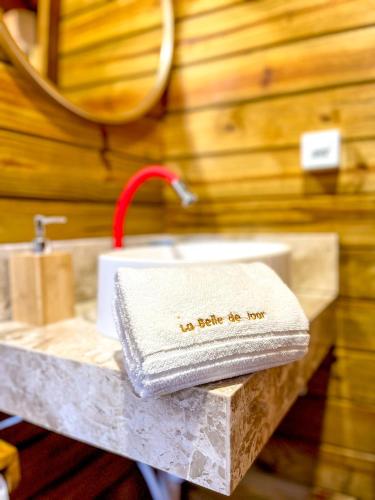 a bathroom with a sink and a towel on a counter at Pousada La Belle de Jour in Majorlândia