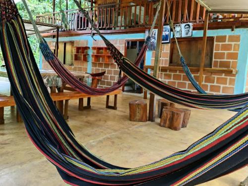 a couple of hammocks hanging in a room at Reserva Pakore Wera in Bahía Solano
