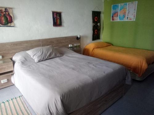 a bedroom with two beds and a green wall at RAIZ DEL CIELO, entre 2 jardines de ensueño in Cordoba