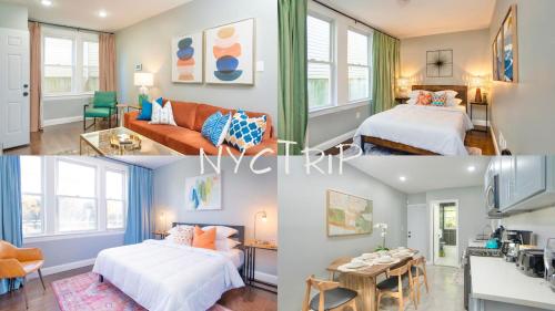 a collage of three pictures of a bedroom at Urban Charm | Near EWR Airport Easy Access to NYC in Newark
