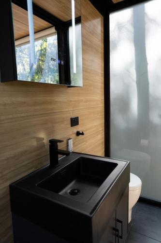 a bathroom with a black sink and a toilet at Coastal Bliss New Brighton Eco Pod 50m to Beach in New Brighton