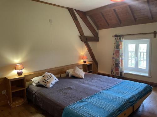a bedroom with a bed with two pillows on it at Maison de Campagne avec Jardin Clos, Wi-Fi, Animaux Acceptés et Proche Station Thermale Néris les Bains - FR-1-489-272 in Montvicq