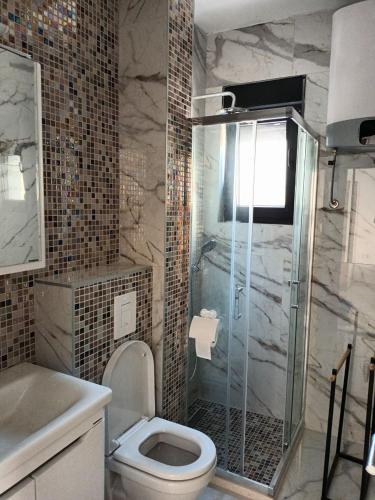 a bathroom with a shower and a toilet and a sink at Blue Bay Boutique Studio in Đenovići