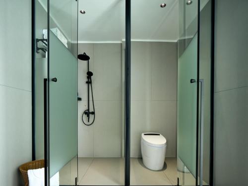 a bathroom with a glass shower stall and a toilet at Lumina Boutique Hotel in Zhangjiajie