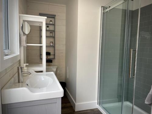 a bathroom with a sink and a glass shower at Whitecaps Cabana for Couples in La Have