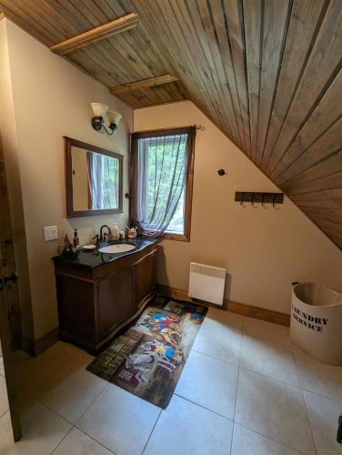 a bathroom with a sink and a wooden ceiling at Eagle Nest Cottage in Val des Monts
