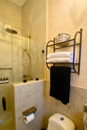 a bathroom with a shower and a toilet and towels at Don Roque en ValQuirico in Santeagueda