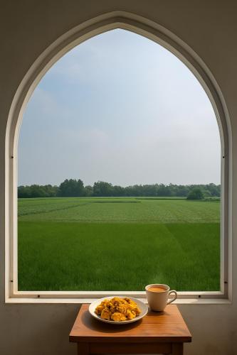 a plate of food on a table in front of a window at Qila Hotel in Pipalsāna