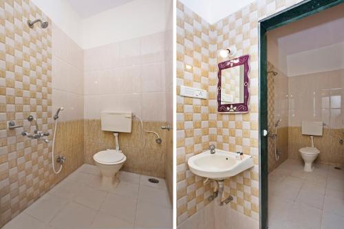 two pictures of a bathroom with a toilet and a sink at Hotel O Capital O Sai Icon Residency in Titwala