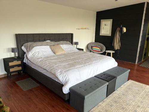una camera da letto con un letto grande e una sedia di mountain cabin with private waterfall and river a Monteverde Costa Rica