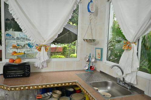 a kitchen with a sink and two windows at CASABLANCA, la calidez de tu hogar en Villeta in Villeta
