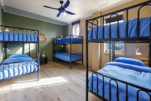 two bunk beds in a room with a ceiling fan at Mad Monkey Hostel Coogee Beach in Sydney