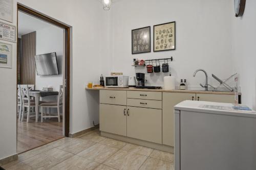 a kitchen with a sink and a counter top at White house parc Carol in Bucharest