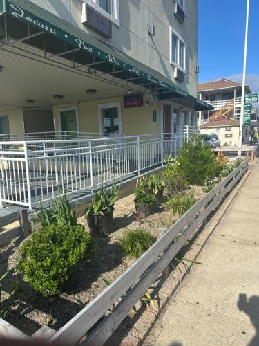 a white fence in front of a building with plants at Sea Palace Inn in Seaside Heights