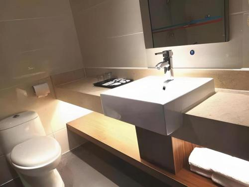 a bathroom with a white sink and a toilet at Borrman Hotel Liuzhou High-Speed Railway Station in Liuzhou