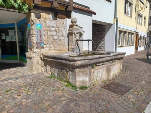 a stone fountain outside of a building on a street at Apartment am Fischbrunnen in Weikersheim