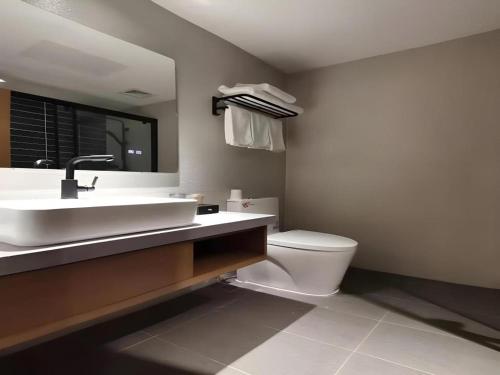 a bathroom with a sink and a toilet at Green Tree Inn Luoyang Fenghuang Mansion Mudan Square Metro Station in Luoyang