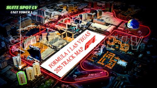an overhead view of a city with a sign at Sierra Studio at MGM Signature Tower 1 with Balcony Strip View 5 MIN WALK FROM F1 GRANDSTAND in Las Vegas