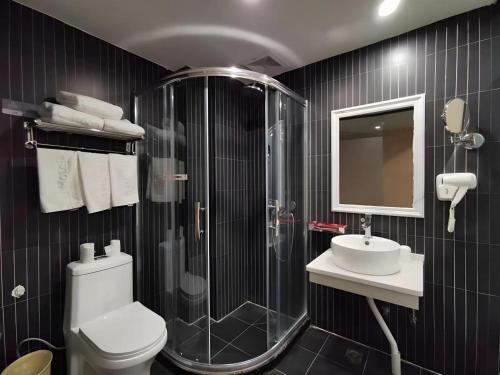 a bathroom with a shower and a toilet and a sink at Thank Inn Hotel Anhui Fuyang Funan County Yunhe Dong Road in Funan