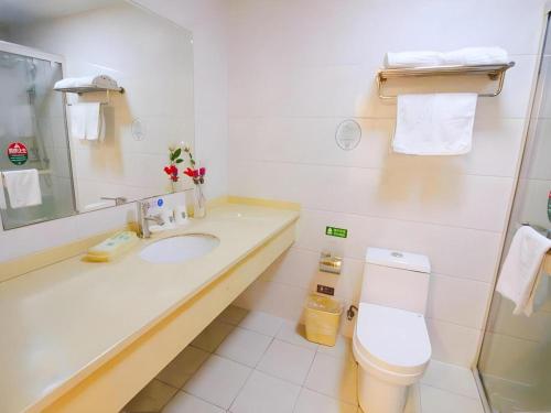 a white bathroom with a sink and a toilet at GreenTree Alliance Suzhou Zhangjiagang Nanfeng Town Hotel in Zhangjiagang