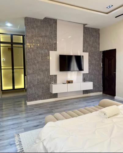 a bedroom with a bed and a flat screen tv at Damsel luxury apartment in Lekki