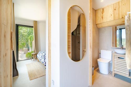 une salle de bain avec un lavabo et un miroir dans l'établissement Tiny House St Paul de Vence, à Saint-Paul-de-Vence