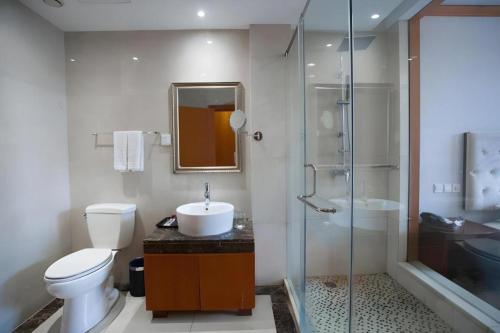 Un baño con inodoro, lavabo y ducha. en Dork Jumpa Hotel, en Vientiane