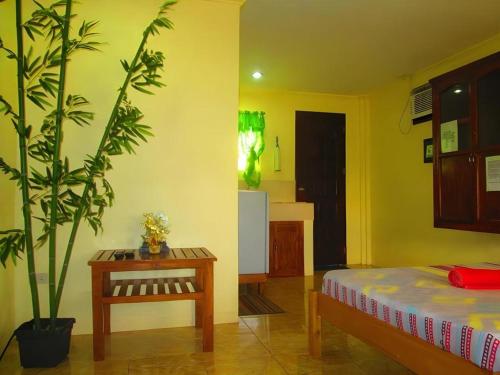 a room with a bed and a plant and a table at Golden Sam Resort and Restaurant in Panglao