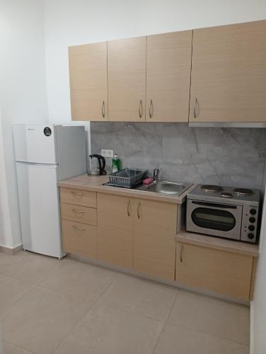 a kitchen with a stove and a refrigerator and a sink at Tournis in Chios