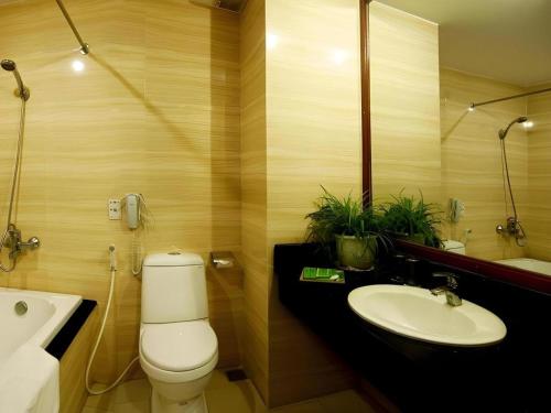 um banheiro com um vaso sanitário, uma pia e um espelho em Bamboo Green Central Hotel em Da Nang