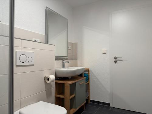 a bathroom with a sink and a toilet and a mirror at Ferienwohnung Seezeit in Bodman-Ludwigshafen