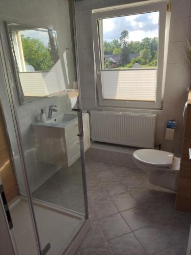 a bathroom with a shower and a sink and a toilet at Ferienhaus kleine Perle in Stendal