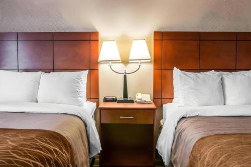 a hotel room with two beds and a phone on a table at Comfort Inn & Suites University South in Ann Arbor