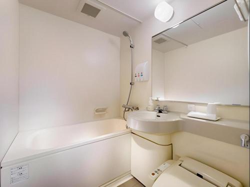 a bathroom with a sink and a toilet and a mirror at Hotel Sealuck Pal Utsunomiya in Hanawadamachi