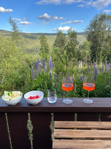 two glasses of wine sitting on a wooden table at Geilo, two cabins, silence, nature, skiing and summer sports in Geilo
